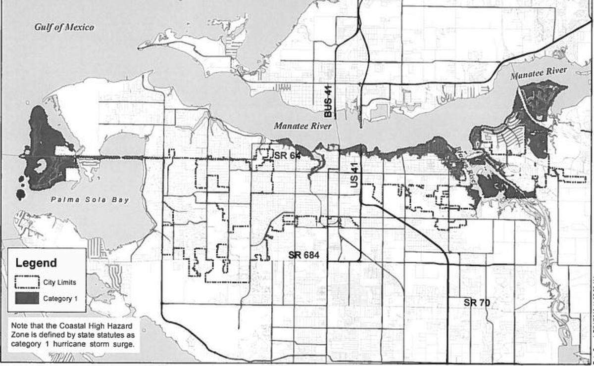 The shaded areas represent the city of Bradenton’s high hazard coastal area, believed to be most prone to significant flooding by the combination of storms and sea level rise predictions. A 2015 law will make high-density development within these areas much more difficult to accomplish.