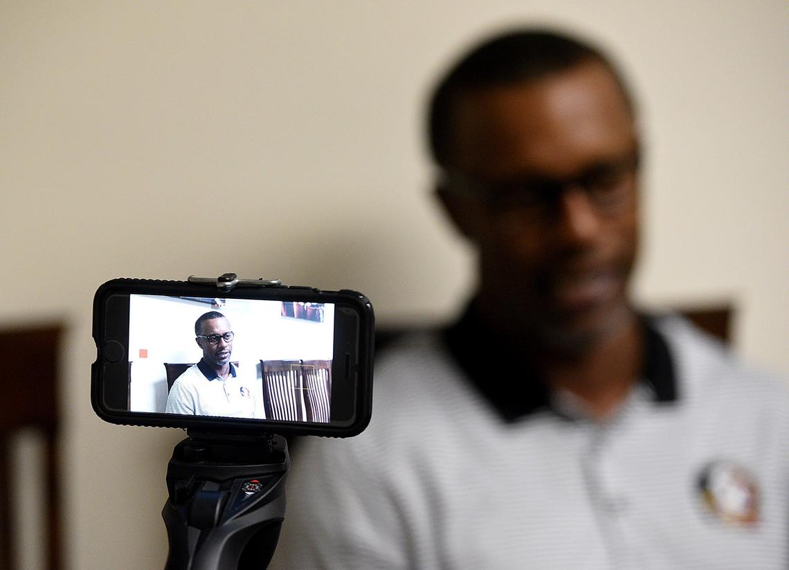 Coach Willie Taggart of FSU speaks to media and fans at the Mertz Theatre in Sarasota on a bus tour Monday night.