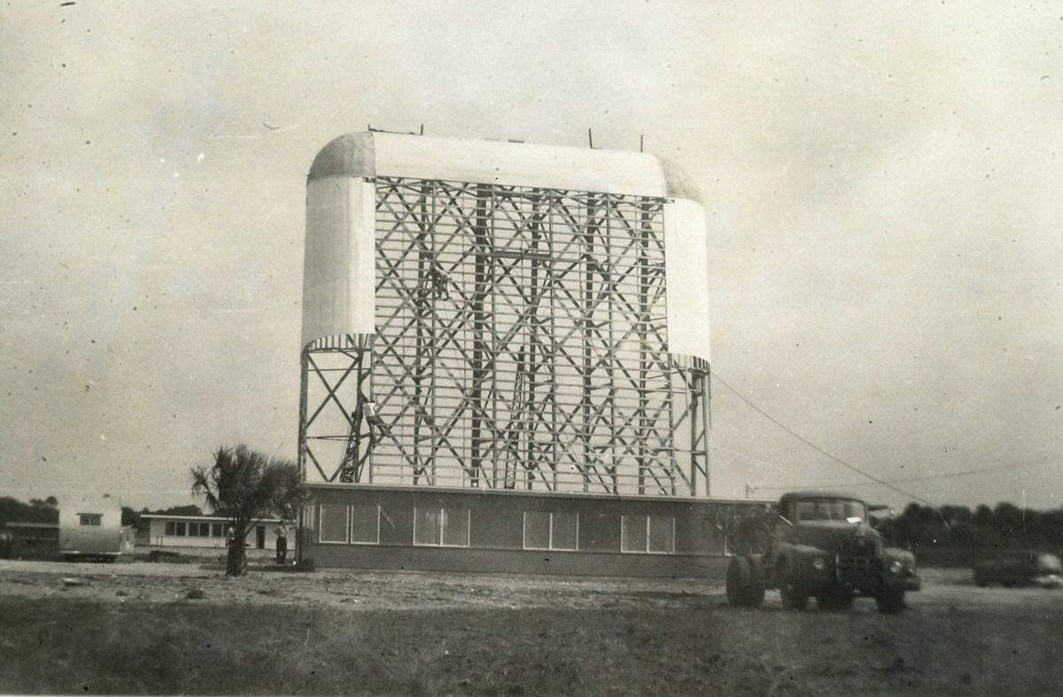 The Palmetto Drive-In Theater’s huge screen while under construction in 1951. The theater property occupied 17 acres and could accommodate 400 cars. The screen was 44 feet high and 50 feet wide. It was located one mile North of Palmetto on U.S. 41 and was destroyed by a tornado in 1958. It was rebuilt in 1959 and closed in the 1980’s when the property was sold to the North Manatee R.V. and boat storage business in 1997.