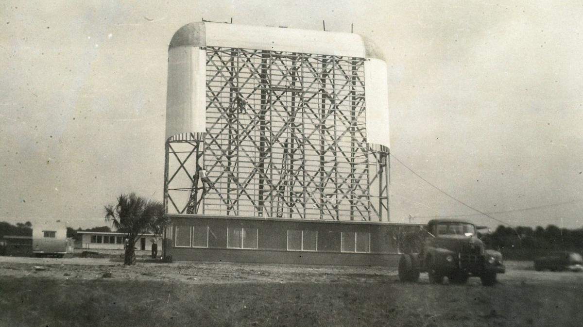 The Palmetto Drive-In Theater’s huge screen while under construction in 1951. The theater property occupied 17 acres and could accommodate 400 cars. The screen was 44 feet high and 50 feet wide. It was located one mile North of Palmetto on U.S. 41 and was destroyed by a tornado in 1958. It was rebuilt in 1959 and closed in the 1980’s when the property was sold to the North Manatee R.V. and boat storage business in 1997.