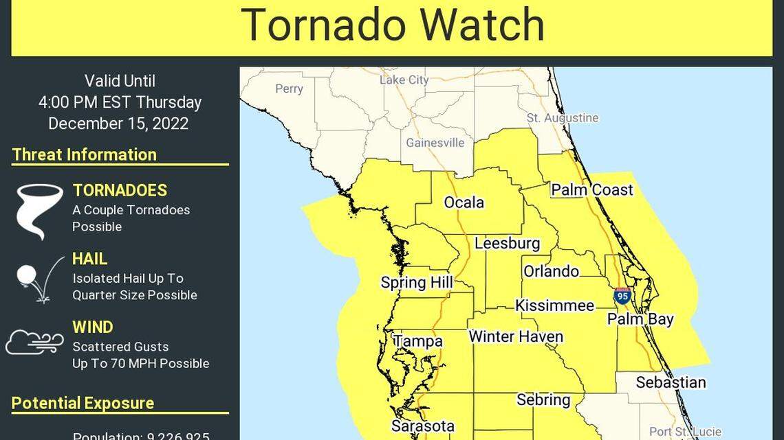 Tornado watch issued for Bradenton area, and winter temps in the 40s could follow