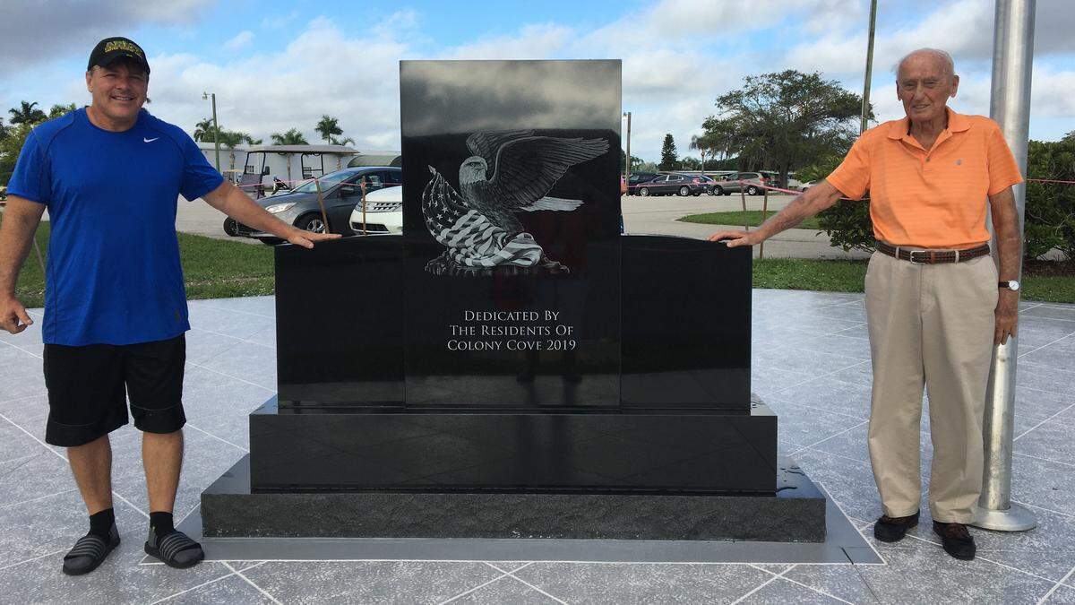 Colony Cove will dedicate its Veterans monument on Monday. Shown above are Charlie Price, 97, and Jerry Day, 55. They are believed to be the oldest and youngest veterans, respectively, living in Colony Cove.