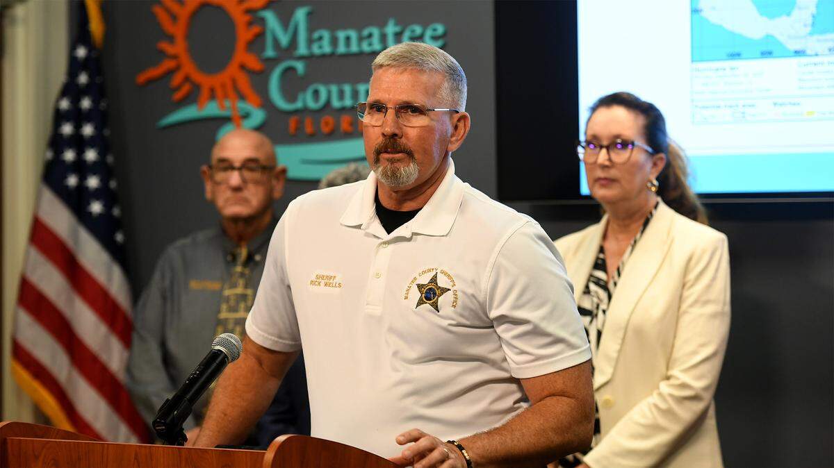Manatee County Sheriff Rick Wells addresses the media at the Emergency Operations Center in Bradenton during an update on closings, shelter openings and evacuation orders on Sept. 26, 2022 as Hurricane Ian approaches.