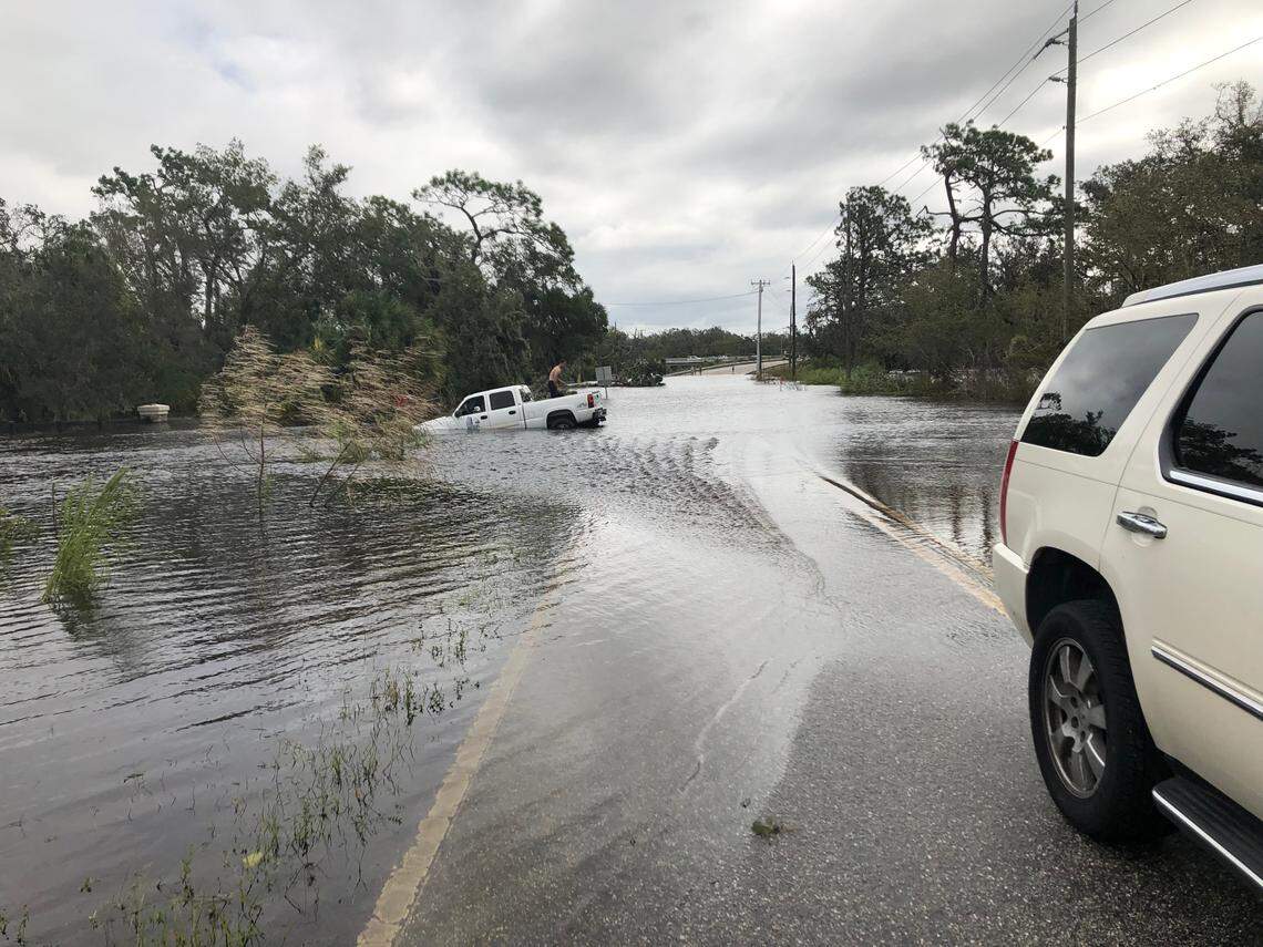 Upper Manatee River Road at Rye Road is closed by the highest floodwaters that area has ever seen, according to the National Weather Service, after Hurricane Ian on Thursday, Sept. 29, 2022.
