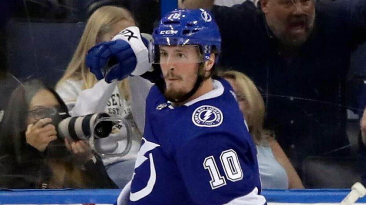 In this file photo, Lightning center J.T. Miller celebrates his goal against the Bruins on April 3 in Tampa.