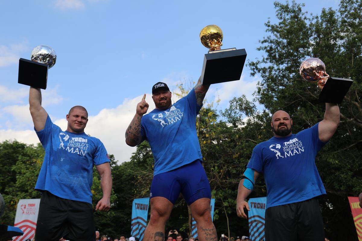 Hafthor Julius Bjornsson (center), reigning World’s Strongest Man champion and star of “Game of Thrones,” will be seeking to defend his title in Manatee County, starting Thursday. Also shown are last year’s runner-up Mateusz Kieliszkowski (left) of Poland, and four-time champion Brian Shaw of the U.S.
