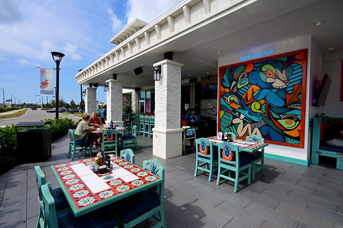 Outdoor seating at Aqua Tequila Mexican Restaurant Grill and Cantina in Parrish on Feb. 19, 2026.