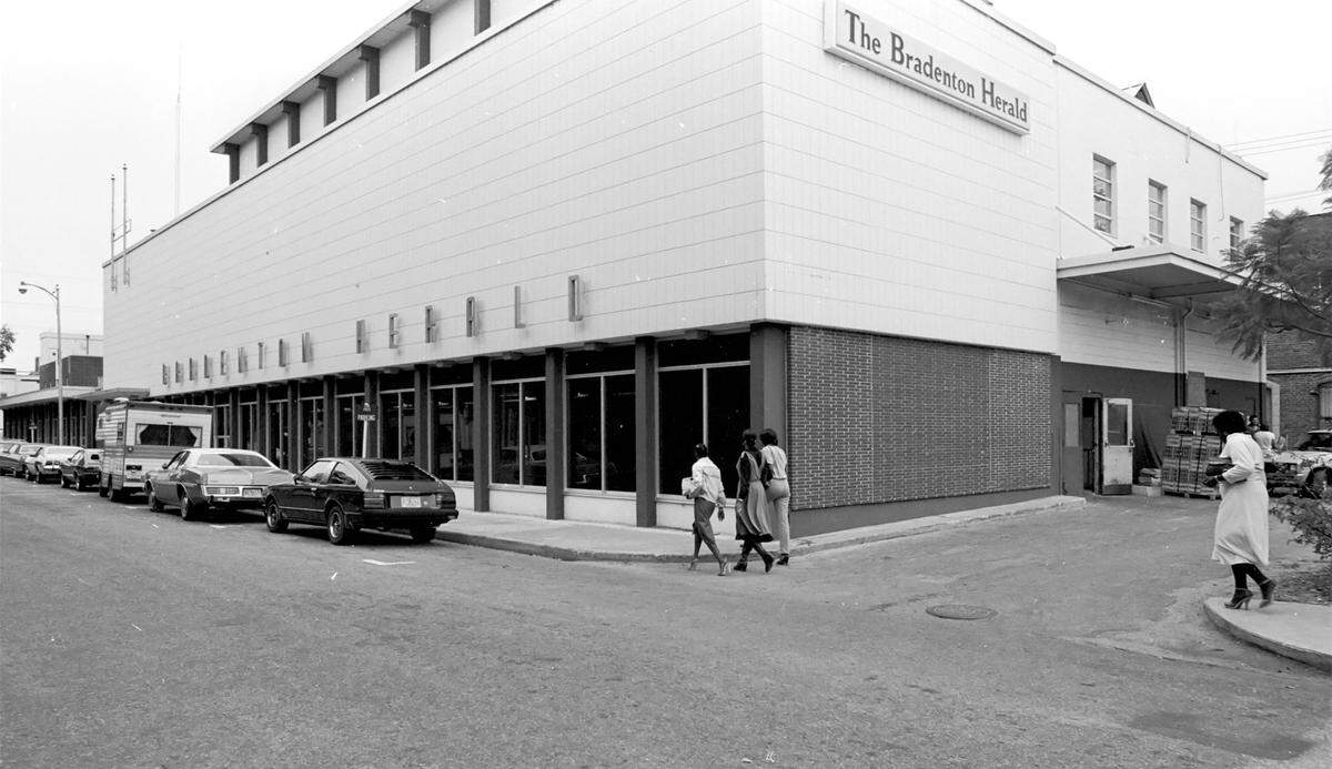 Looking north along the east side of 13th Street West in downtown Bradenton,showing the remodeled and enlarged home of the Bradenton Herald newspaper, 1966.