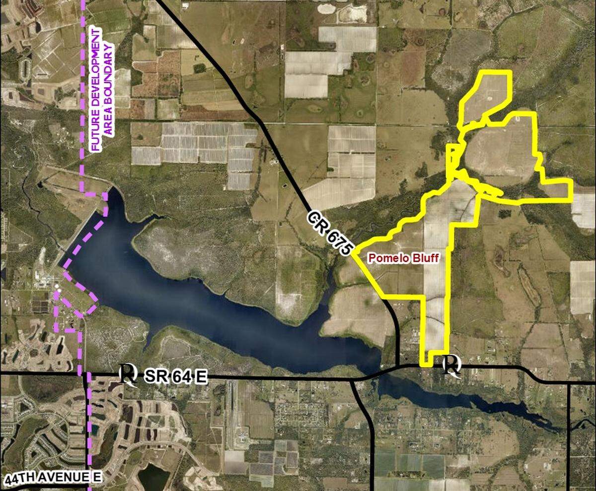 A map shows the site of a proposed 3,600-home development at the northeast edge of Lake Manatee in the Myakka area. Developers asked county leaders to find that Lake Manatee connects the property to the FDAB, making it eligible for development, but commissioners denied their appeal.
