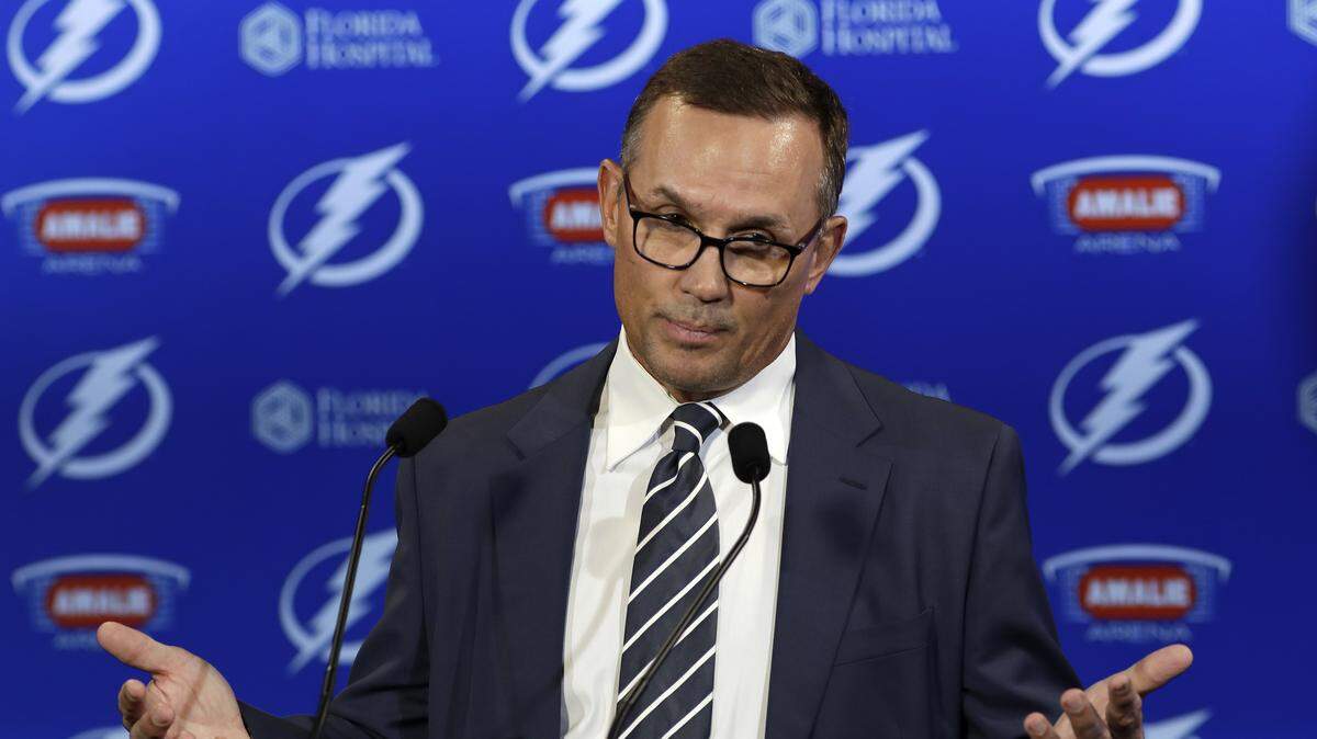In this Feb. 26, 2018, file photo, Tampa Bay Lightning general manager Steve Yzerman gestures during a news conference before an NHL hockey game against the Toronto Maple Leafs, in Tampa, Fla. A person with knowledge of the move says Steve Yzerman is stepping down as general manager of the Tampa Bay Lightning and will be replaced immediately by assistant Julien BriseBois. The person spoke to The Associated Press on condition of anonymity Tuesday, Sept. 11, 2018, because the team had not announced Yzerman’s decision.