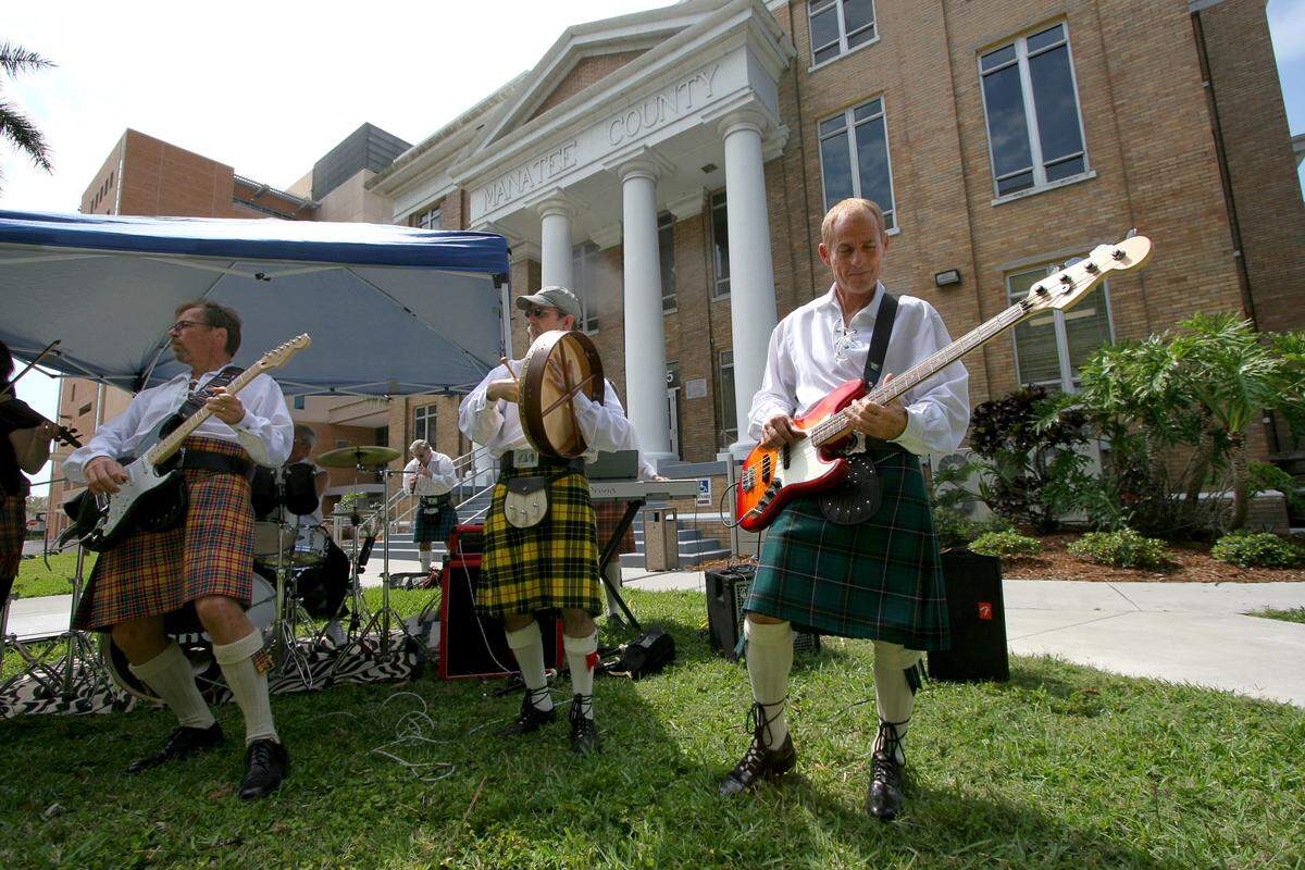 Local pipe band Jacobites will perform at one of the free concerts in front of the Manatee County Courthouse.