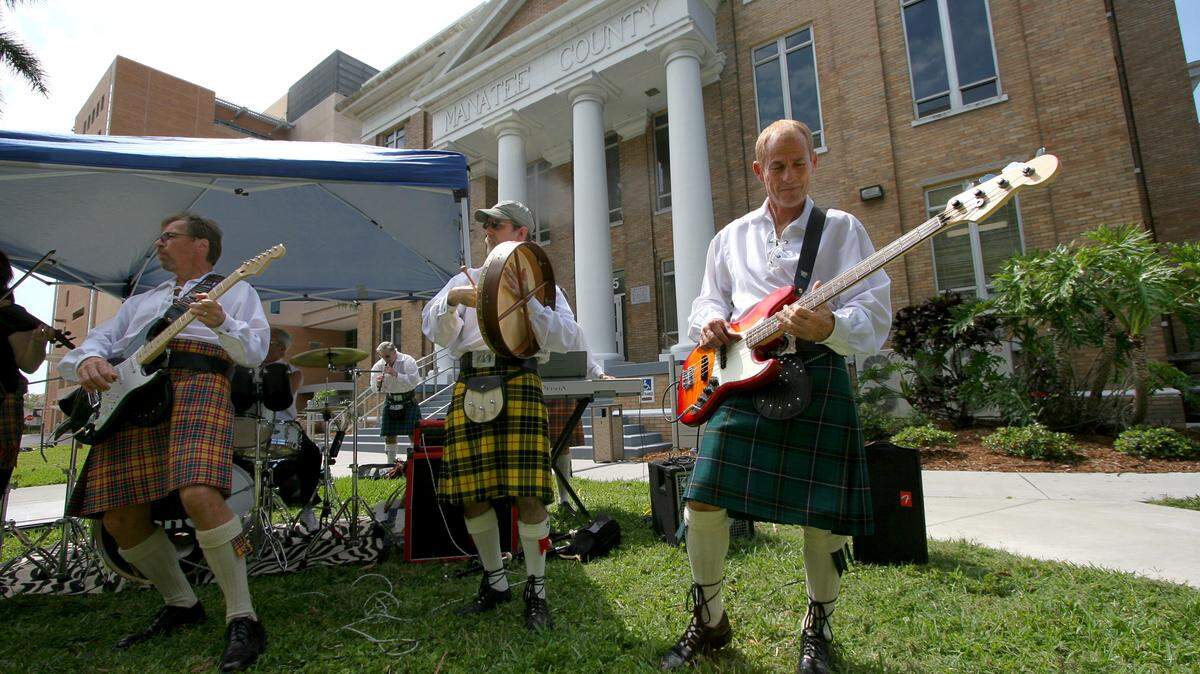 Local pipe band Jacobites will perform at one of the free concerts in front of the Manatee County Courthouse.