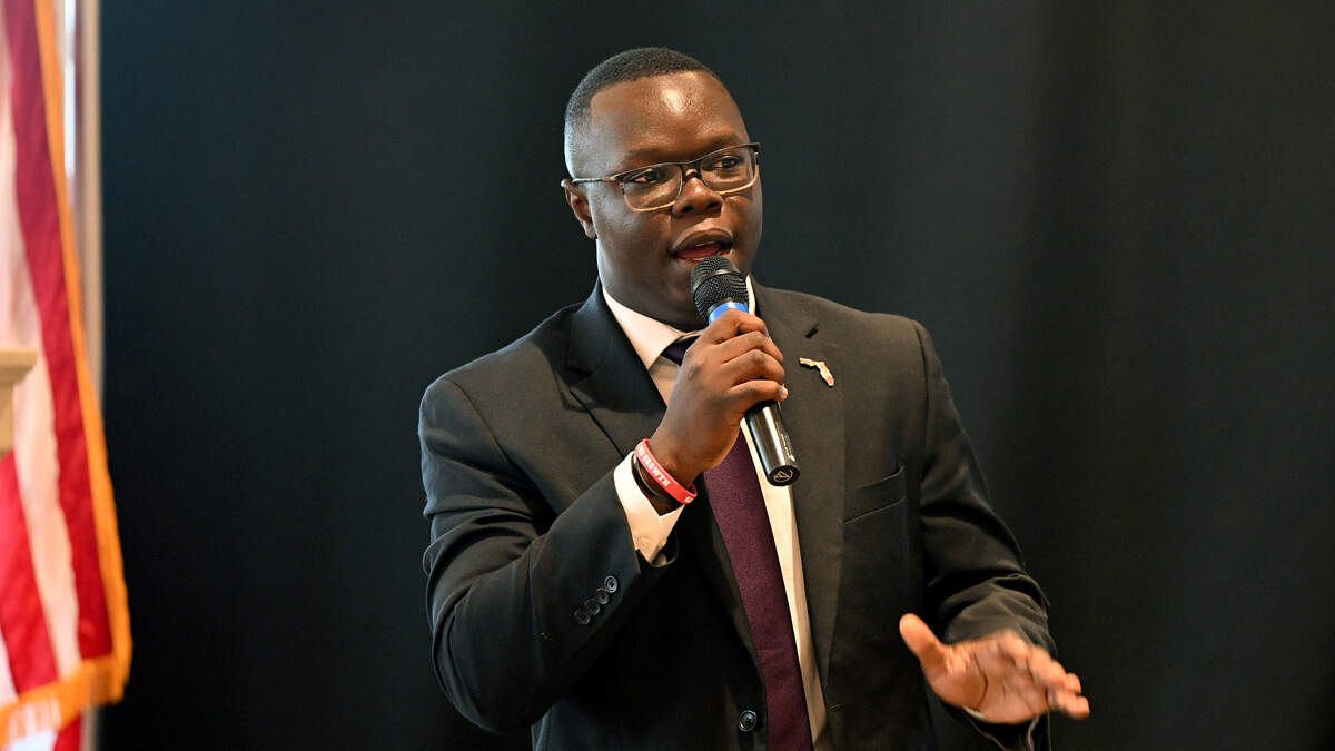 Edward Bailey Jr. takes a question during the Manatee Tiger Bay Club County Commissioner Candidate Forum for Districts 1 and 2 at the Manatee Performing Arts Center on June 25, 2026.