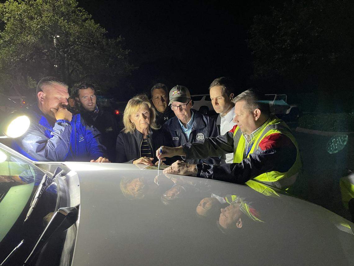 Public Works Director Chad Butzow briefs local officials ahead of a 9 pm press conference on the situation at Piney Point.