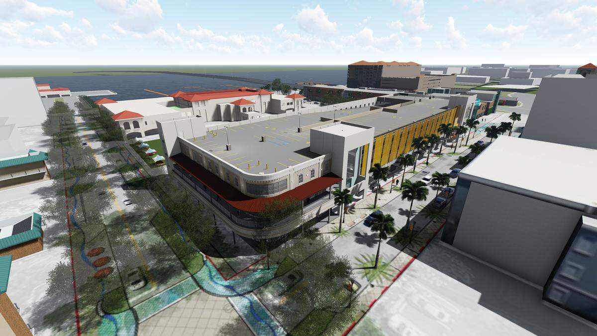 An artist’s rendering by Fawley Bryant Architecture shows what the Bradenton City Centre parking garage will look like when completed. Shown is the northwest corner of Third Avenue West and Old Main Street. Bradenton City Hall is located to the north, facing the Manatee River.