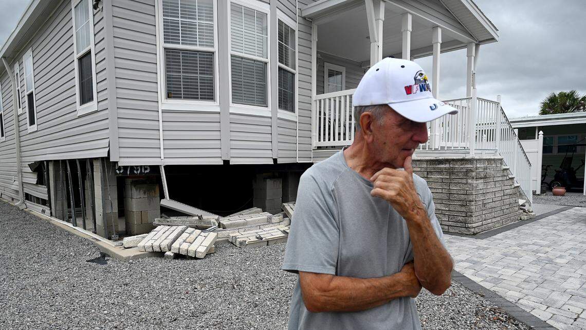 Pete Thornton, 81, readies to evacuate for the second time within the span of a month as Hurricane Milton approaches Manatee County on Oct. 7, 2024. Thornton’s Trailer Estates home’s foundation was damaged in Hurricane Helene when a shipping container floated across the street and knocked his home’s foundation.