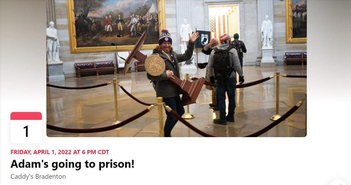Adam Johnson posted a party invite on his Facebook page featuring the viral photo of himself with Nancy Pelosi’s lecturn during the January 6 Capitol riots.