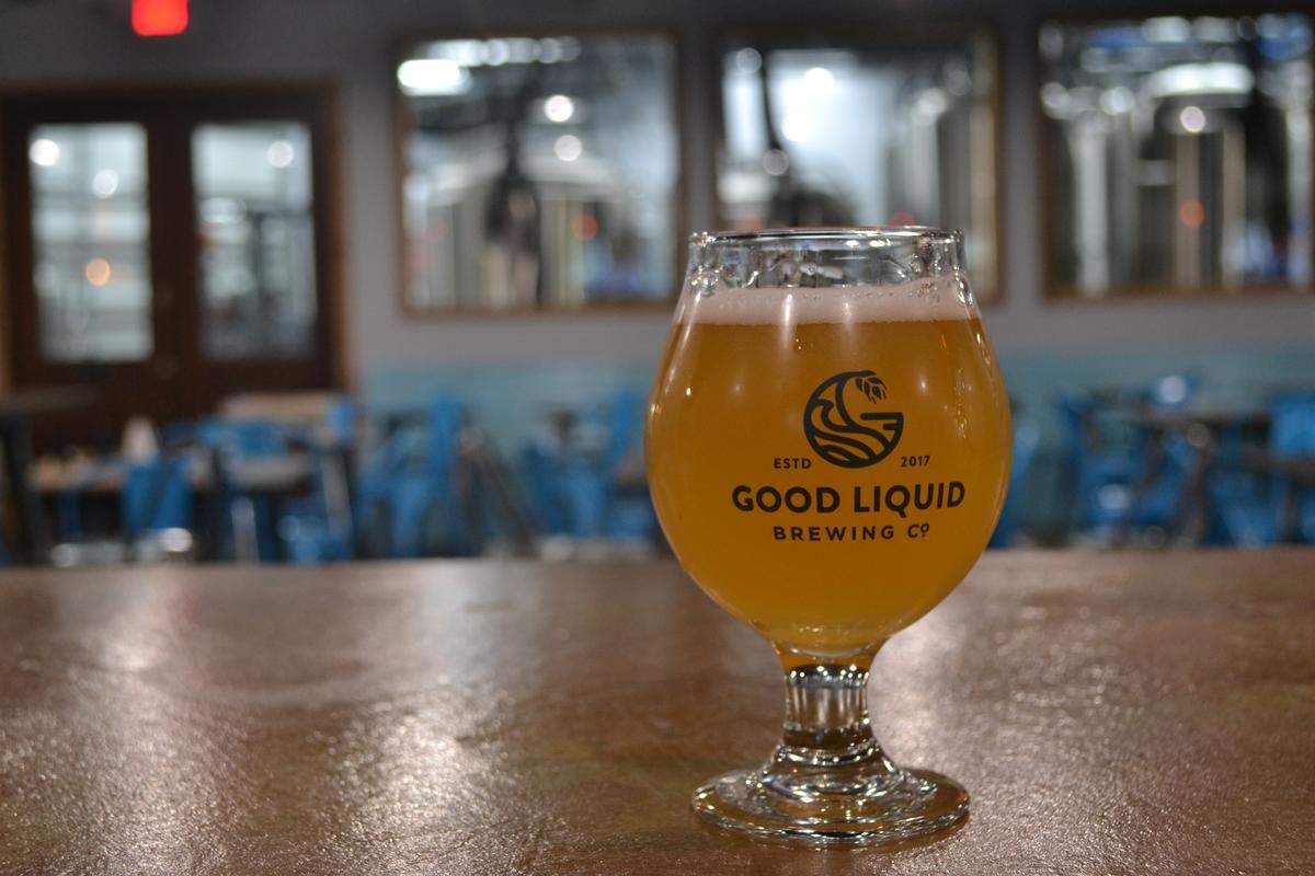 A glass of Kumquat and Sour Orange Gose at The Good Liquid Brewing Co.