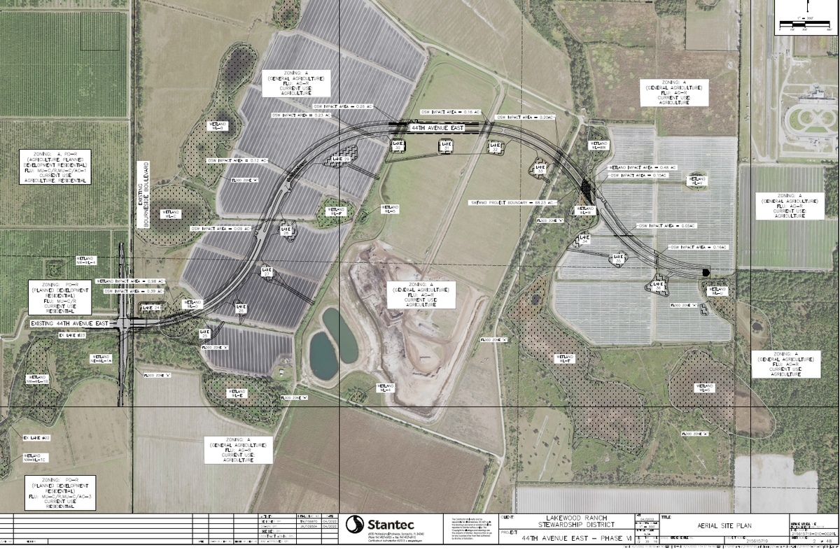 Map produced by Stantec shows how 44th Avenue East would be extended 8,000 feet east of Bournside Road in Lakewood Ranch’s Stewardship District.