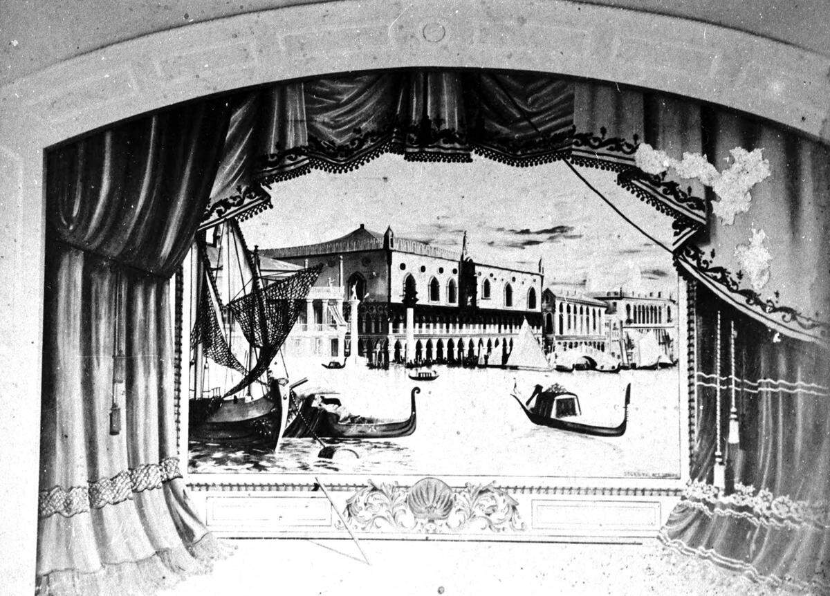 A view of the curtain in the Warren Opera House showing a painted scene from Venice, Italy in 1905.