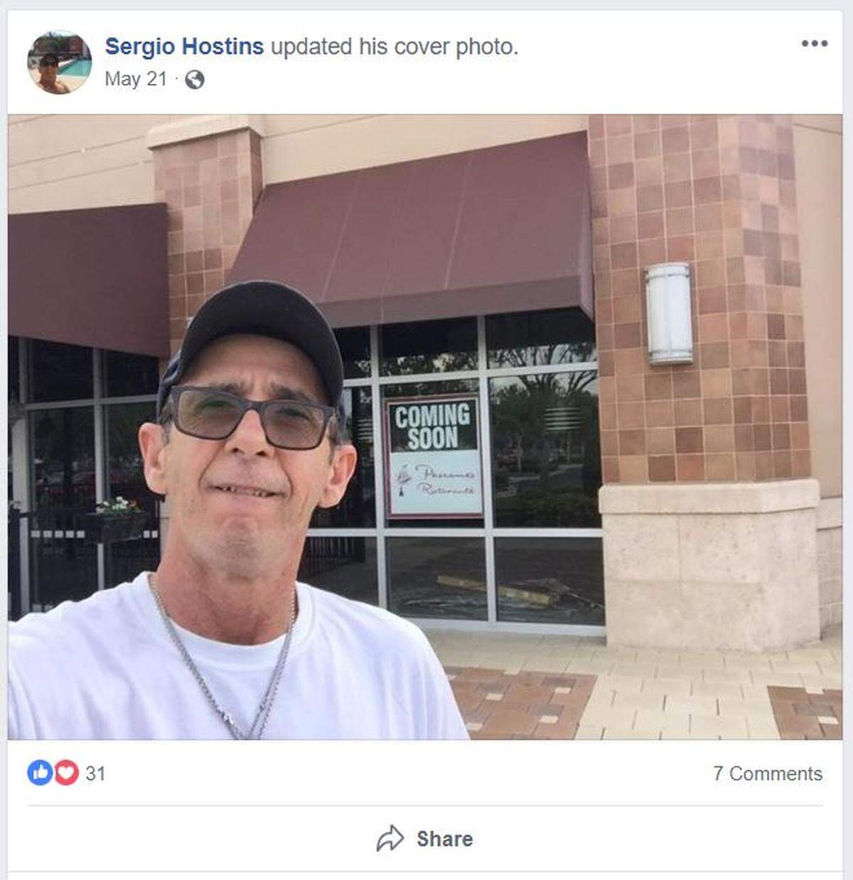 Sergio Hostins, whose remains were found last Friday in Collier County, pictured in a photo he posted on his Facebook outside Pascone’s Ristorante where he had been recently working.