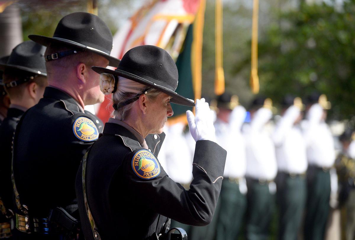 The community and law enforcement gather at Bayside Community Church to pay respects to Florida Highway Patrol Master Trooper Joseph Bullock who was killed in the line of duty last week.