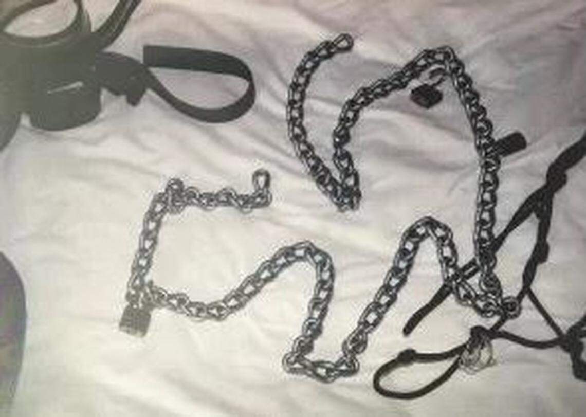 Restraints and a dog’s shock collar found in the Bloomington, Indiana motel room that Eduardo Posso and his family were staying leading up to his death.