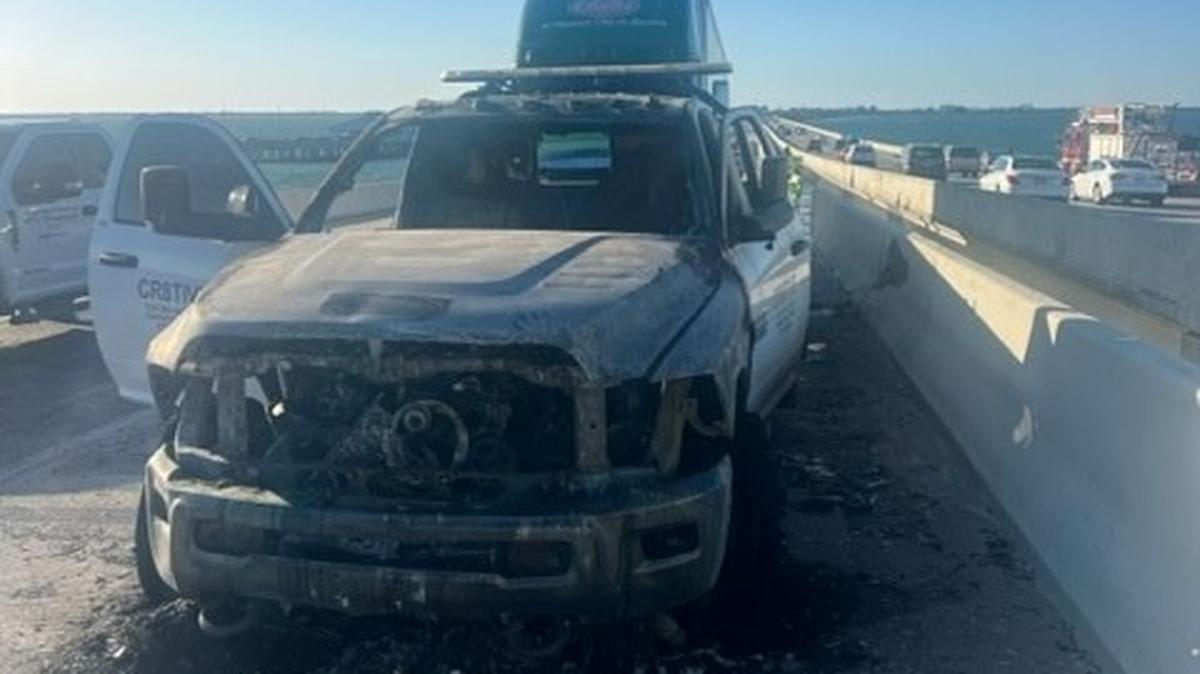 A 27-year-old man from Bradenton driving a Ram truck caught fire from a mechanical issue while he was driving over the Sunshine Skyway Bridge on Monday, April 17, 2023.