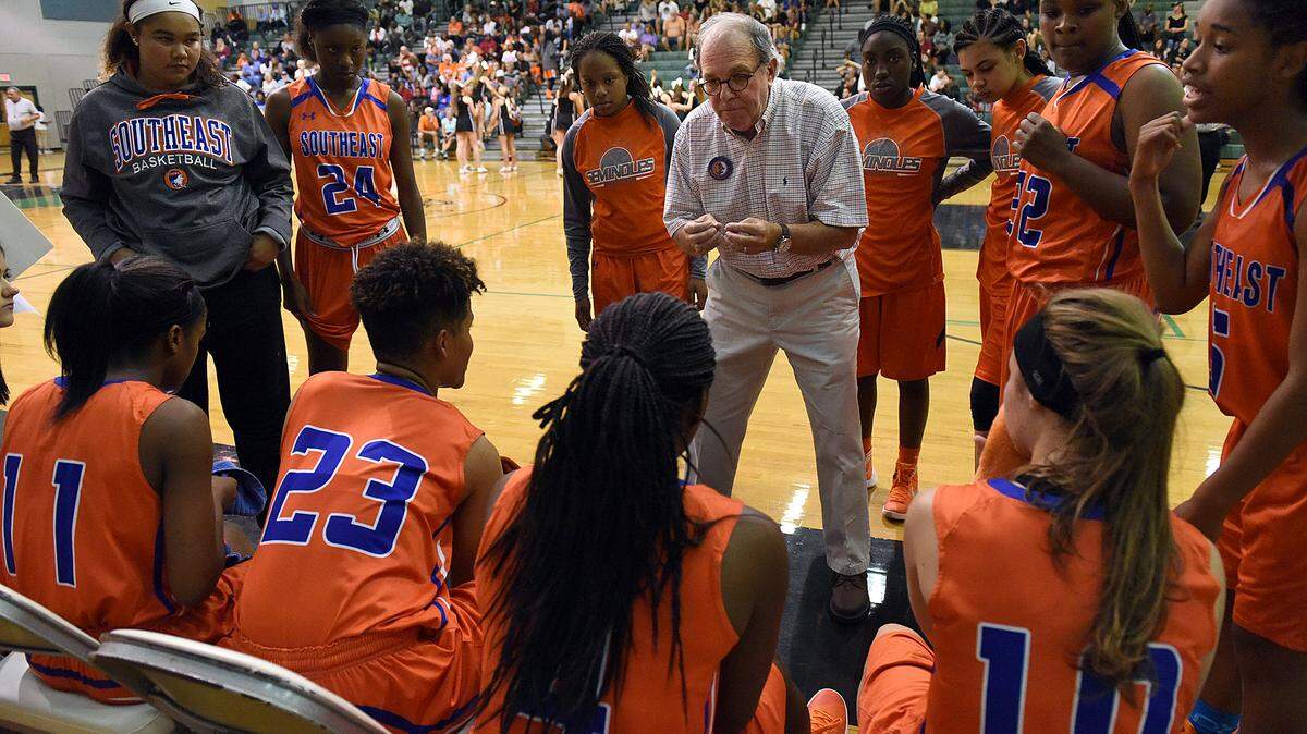 Southeast girls' basketball coach John Harder talks to his team during a break in the game against Lakewood Ranch earlier this month. 
 TIFFANY TOMPKINS-CONDIE/Bradenton Herald