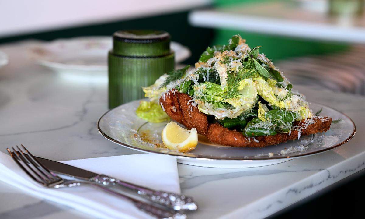 The chicken schnitzel caesar salad at Florence and the Spice Boys in the UTC Mall on April 25, 2025.