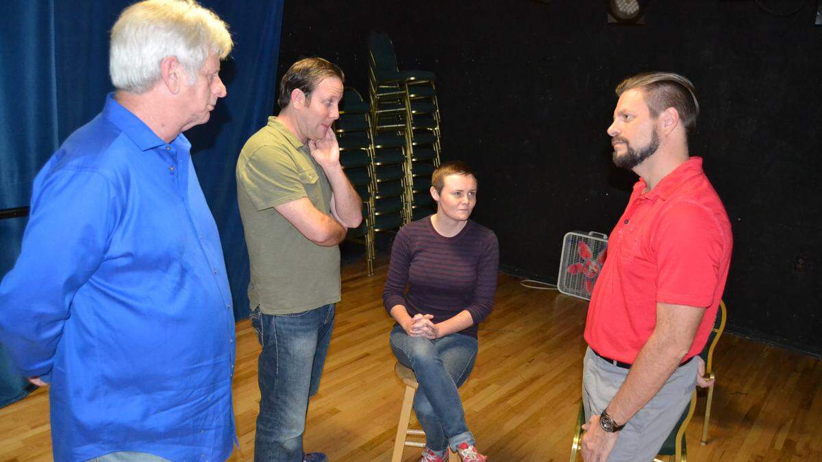 From left, Neil Kasanofsky, Joshua Brin, Casey Kelley and Chris Hines star in "The Cockfight Play" at the Players Theatre in Sarasota. VAL SILVER/PUBLICITY PHOTO