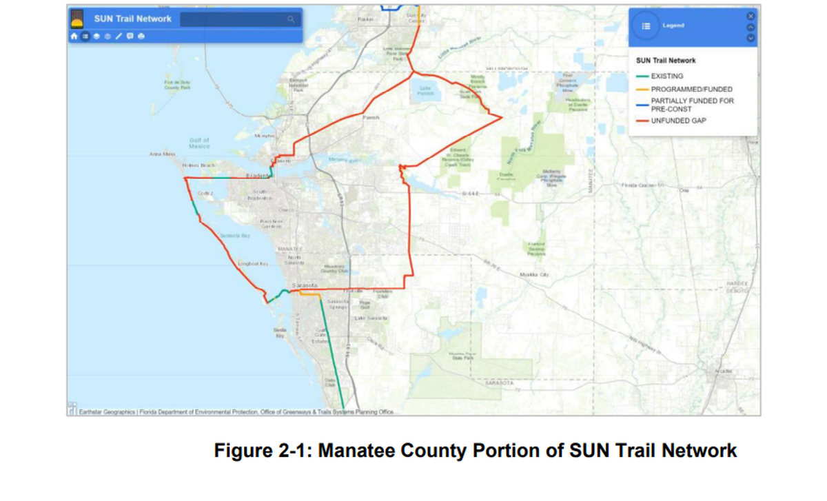 A map shows how Manatee County could tie into the statewide SUN Trail Network that was established in 2015 under the Florida Department of Transportation.