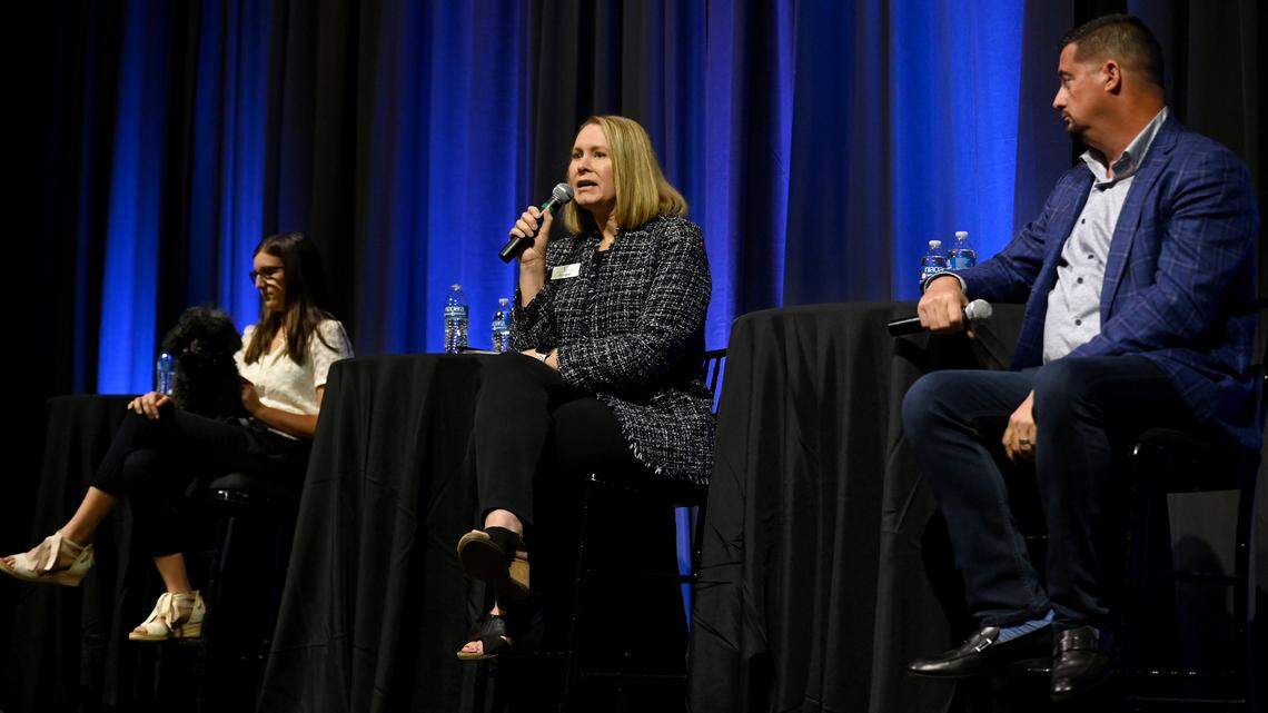 Panelists Hannah Herrig Kettelboeter, Pres. Terra Nova Equestrian Center, Paige Lemay, Pres. and CEO Coastal Orthopedic and Chris Tomasso, Pres. and CEO First Watch at the annual update for the Bradenton Area Economic Development Corporation, October 28, 2022.