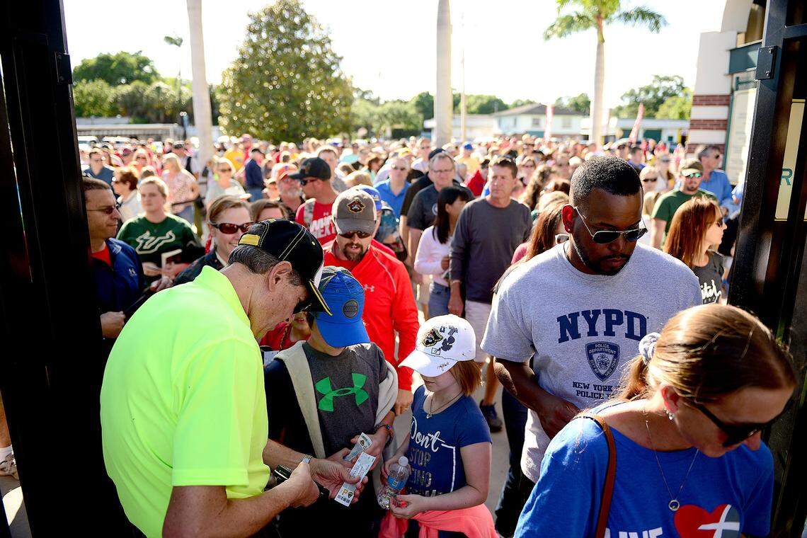 Fans file through the gate into LECOM Park prior to the Bradenton Marauders' 2016 home opener on Saturday, April 9, 2016.