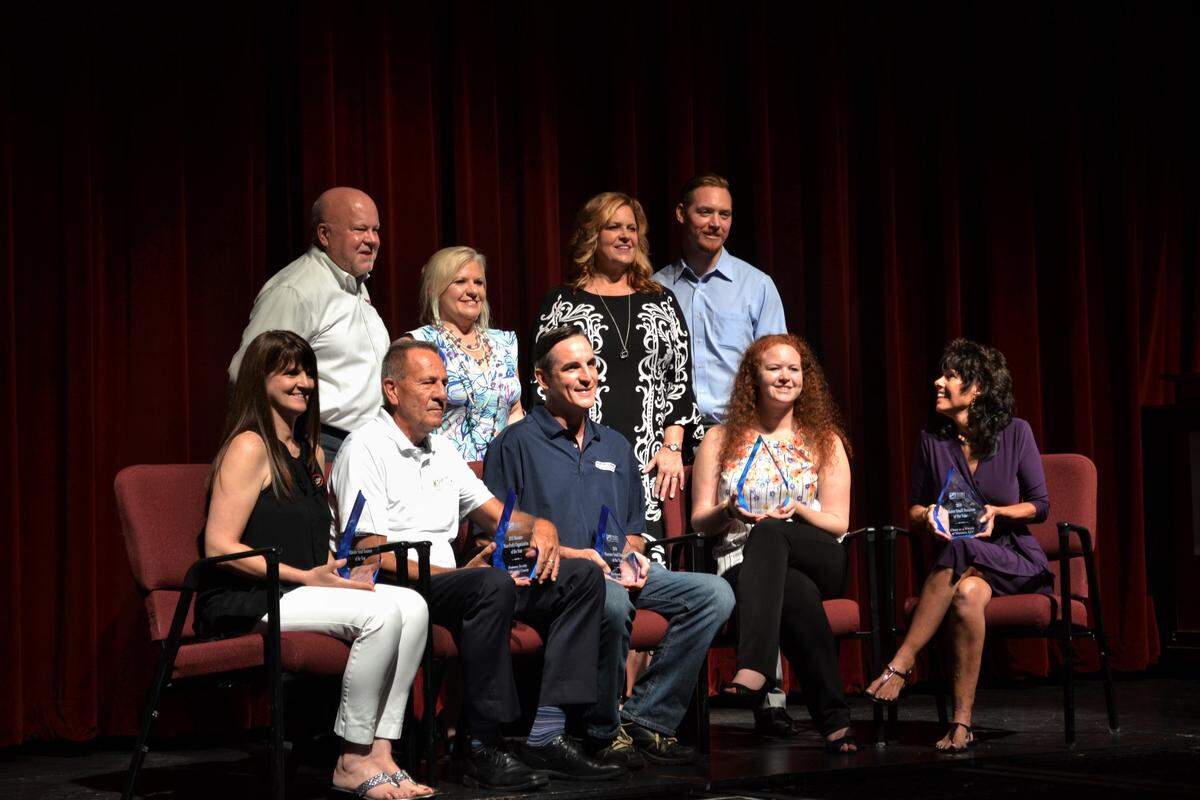 The winners of the 2018 Manatee Small Business Awards. Back row, left to right: Nick Choat, Valerie Bliss, Jessica Gilbert, Evan Gilbert. Front row, left to right: Michelle Choat Sellars, Rick Yocum, Richard Krause Jr., Erin Gilbert, Deborah Cassidy.