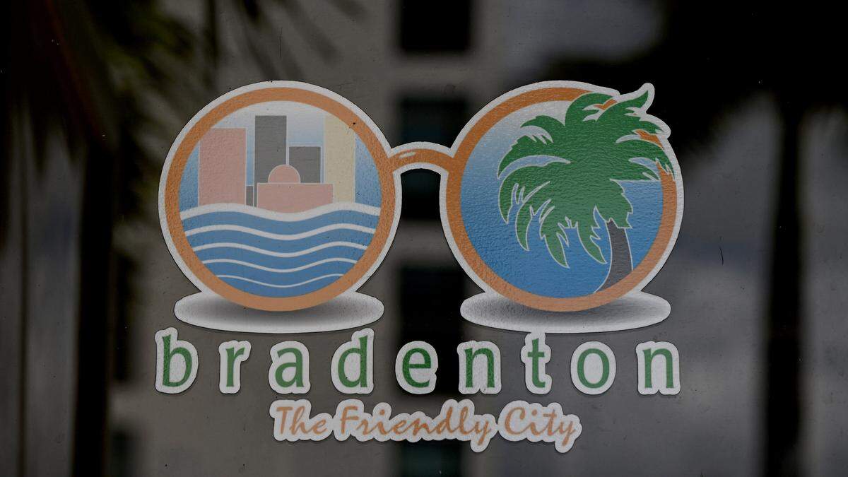 The City of Bradenton’s logo on the front door of the City Centre on Monday, May 20, 2024.