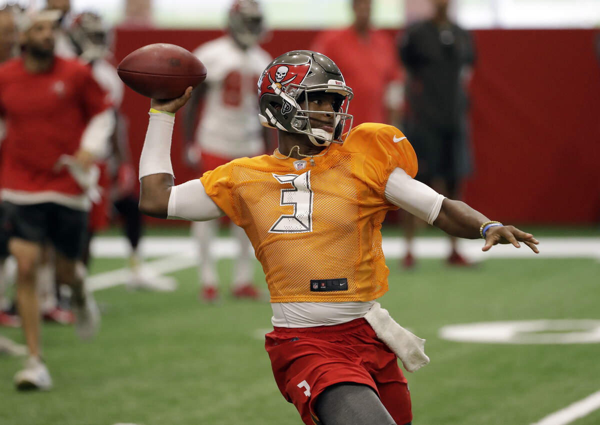 Tampa Bay Buccaneers quarterback Jameis Winston (3) throws a pass during an NFL football training camp practice Thursday, July 26, 2018, in Tampa, Fla. Winston is suspended for three games after violating the league personal conduct policy.