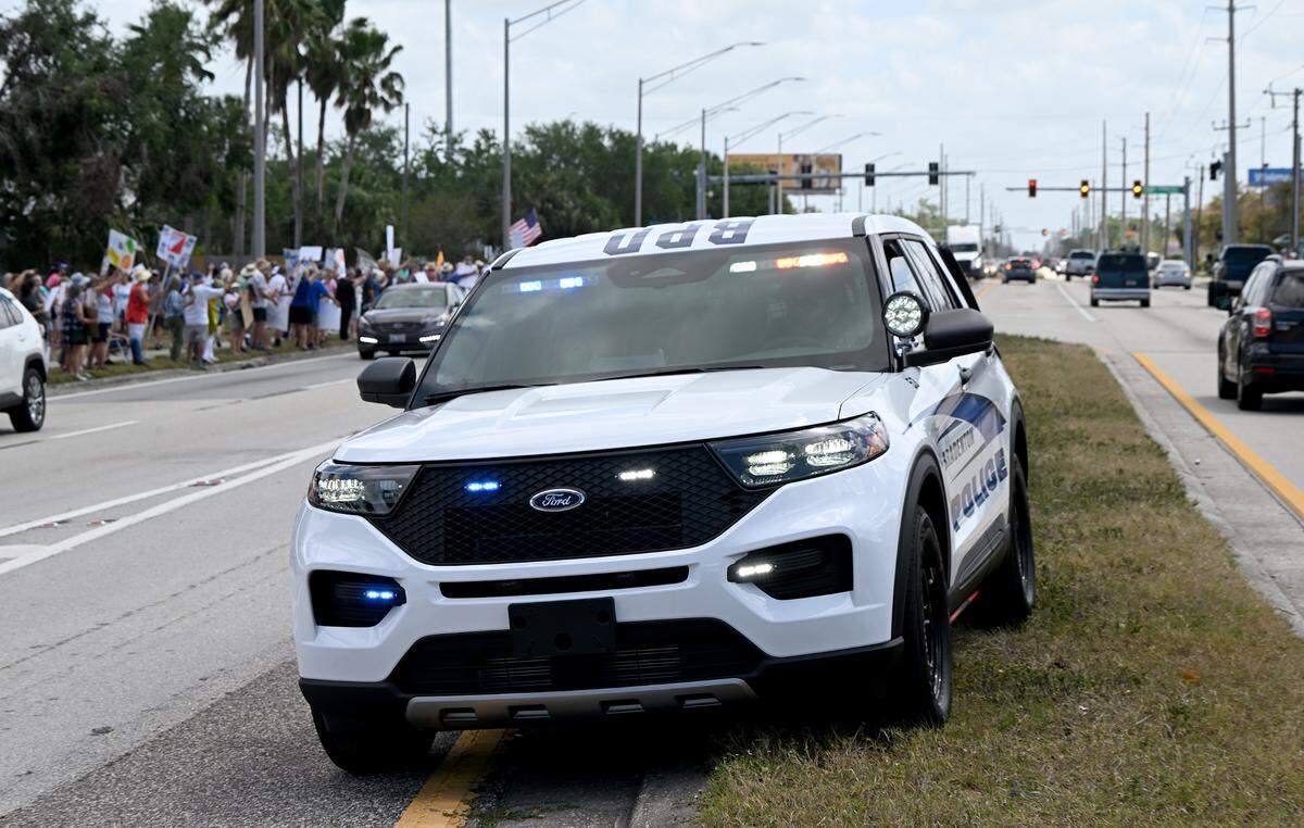 Hundreds of protestors gathered Saturday, April 5, 2025, on Cortez Road West in one of the many national “Hands off” protests against President Donald Trump’s policies.