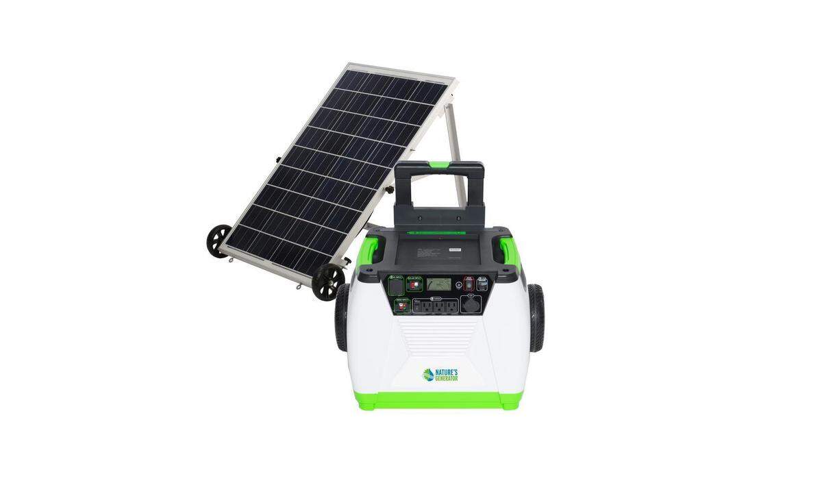 A portable solar generator with panel from Genex Solutions.