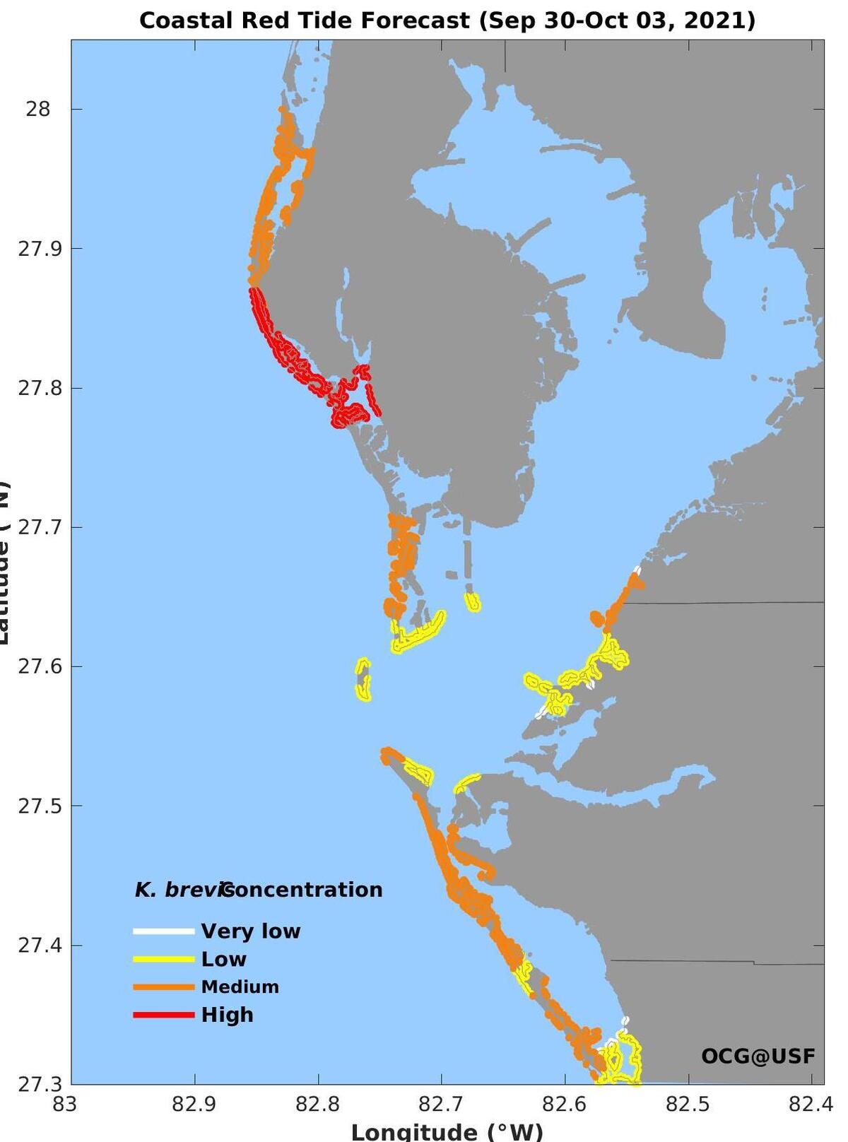 This coastal red tide forecast produced by the University of South Florida and the Florida Wildlife Research Institute shows very low to high levels of red tide algae lingering around Southwest Florida coastline over the coming days.