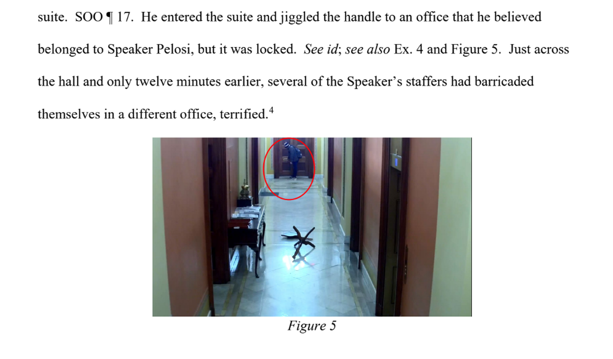 “Johnson continued on his march through the Capitol, following a sign for Speaker Pelosi’s office suite. He entered the suite and jiggled the handle to an office that he believed belonged to Speaker Pelosi, but it was locked.”