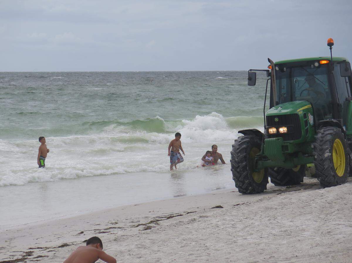 A Manatee County worker drives a tractor between beachgoers at Manatee Public Beach on a dreary Saturday afternoon. The vehicle was equipped with a sweeper that collected dead fish from the shore as it drove over them.