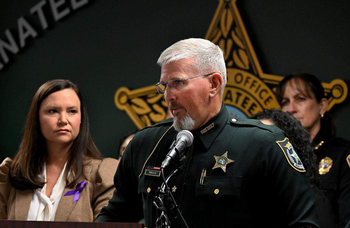 Manatee County Sheriff Rick Wells voices his support of the expansion of Project Protect announced by Florida Attorney General Ashley Moody. The project is a state-sponsored program that provides doorbell cameras to victims of domestic violence, stalking, human trafficking and sexual violence to provide safety to victims and a way to collect evidence to convict offenders on Thursday, Oct. 12, 2023.
