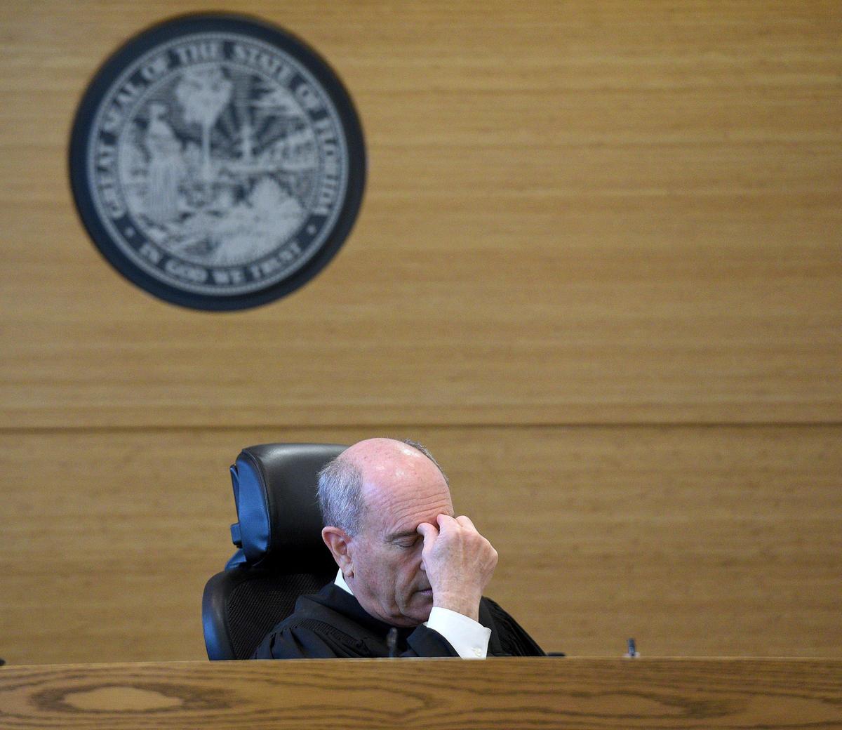 Judge Peter Dubensky listens as one of Dominick Hawkins’ attorneys questions the victim during trial Tuesday. Hawkins is on trial for the rape and kidnapping of a 5-year-old child.