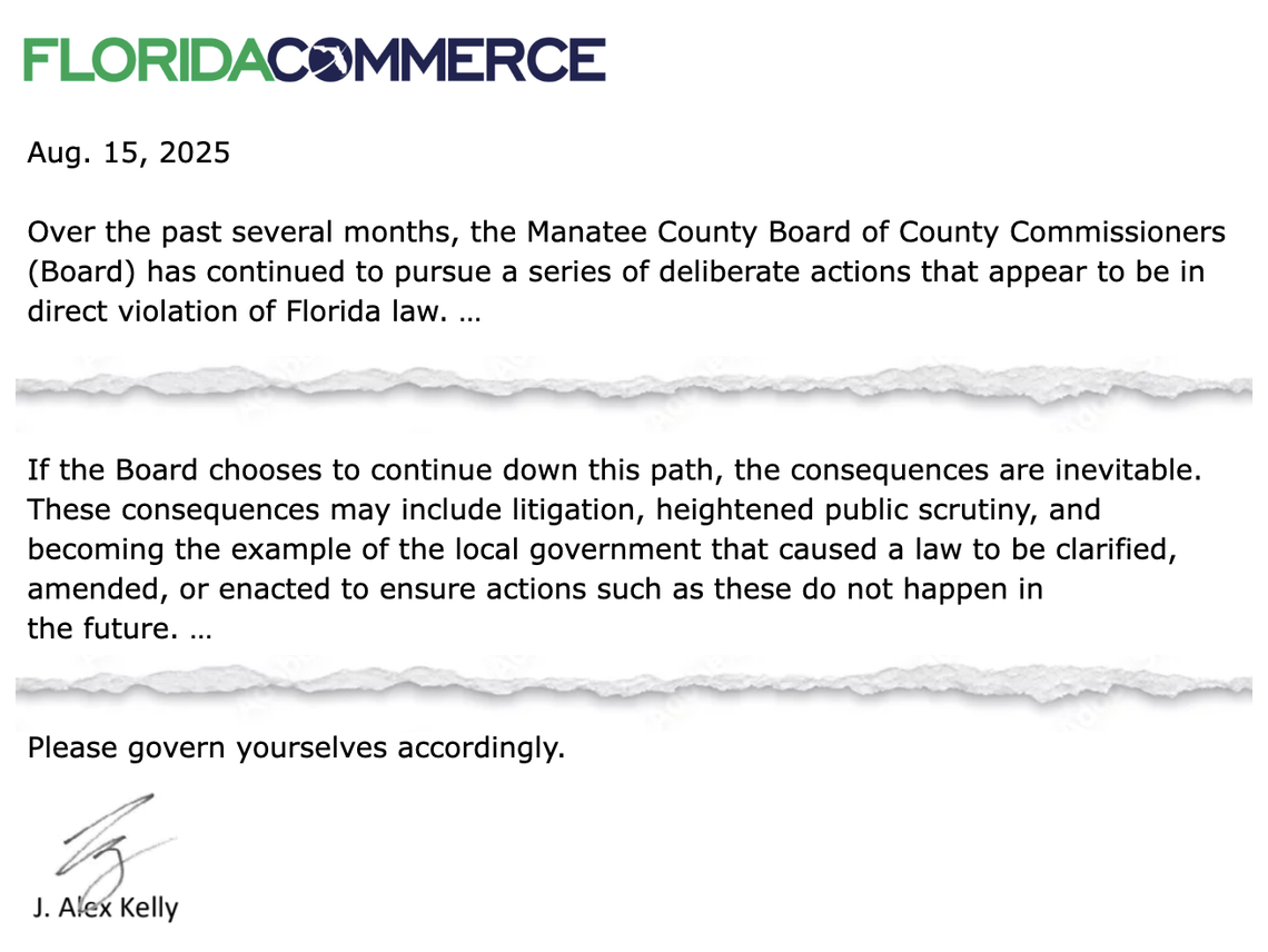Text from the Aug. 15, 2025, letter from the Florida Department of Commerce to Manatee County commissioners.