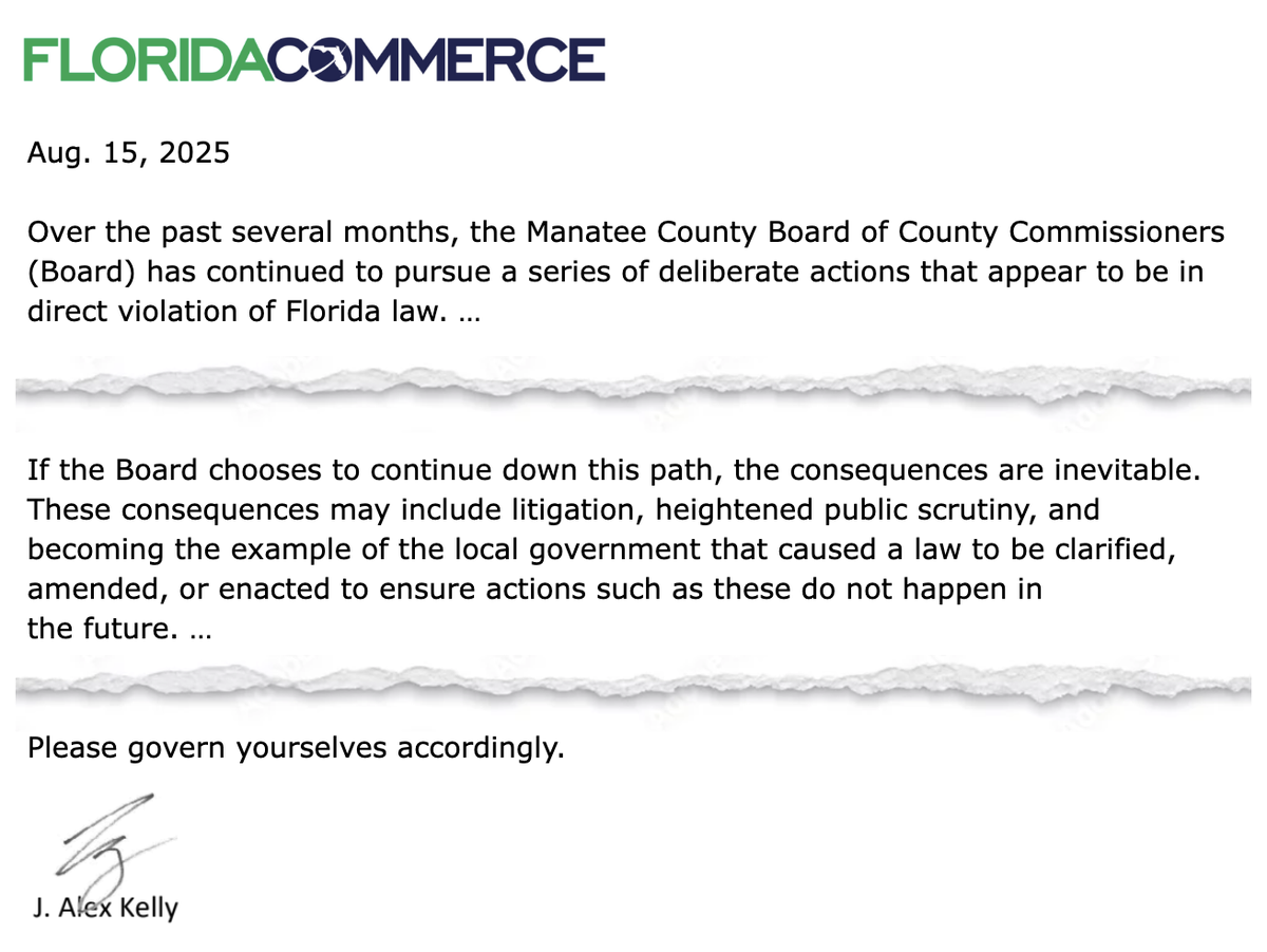 Text from the Aug. 15, 2025, letter from the Florida Department of Commerce to Manatee County commissioners.