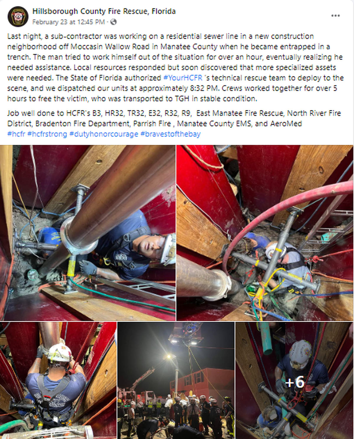 A man working on a sewer line late Wednesday, Feb. 22, 2023, was rescued after becoming stuck in a trench. Various rescue services in Manatee County freed the subcontractor in a new neighborhood off Moccasin Wallow Road in Manatee County.