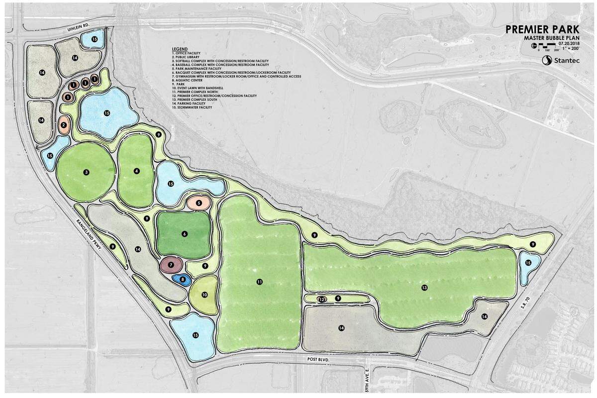 A preliminary bubble map of the 75 acres that county commissioners approved to purchase Tuesday shows the plans Manatee County has for the land. Highlights include a new library, an aquatic center and county offices.