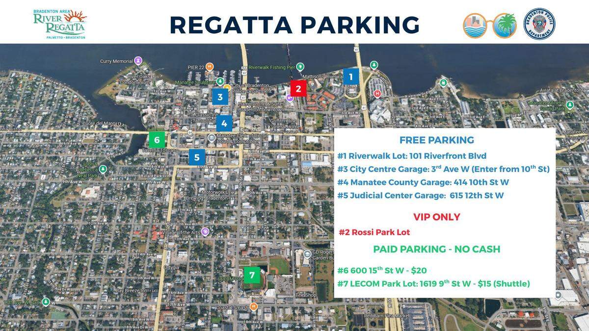 The LECOM Park Lot and 600 15th St W. will have paid parking available on Saturday for the Bradenton Area River Regatta. 