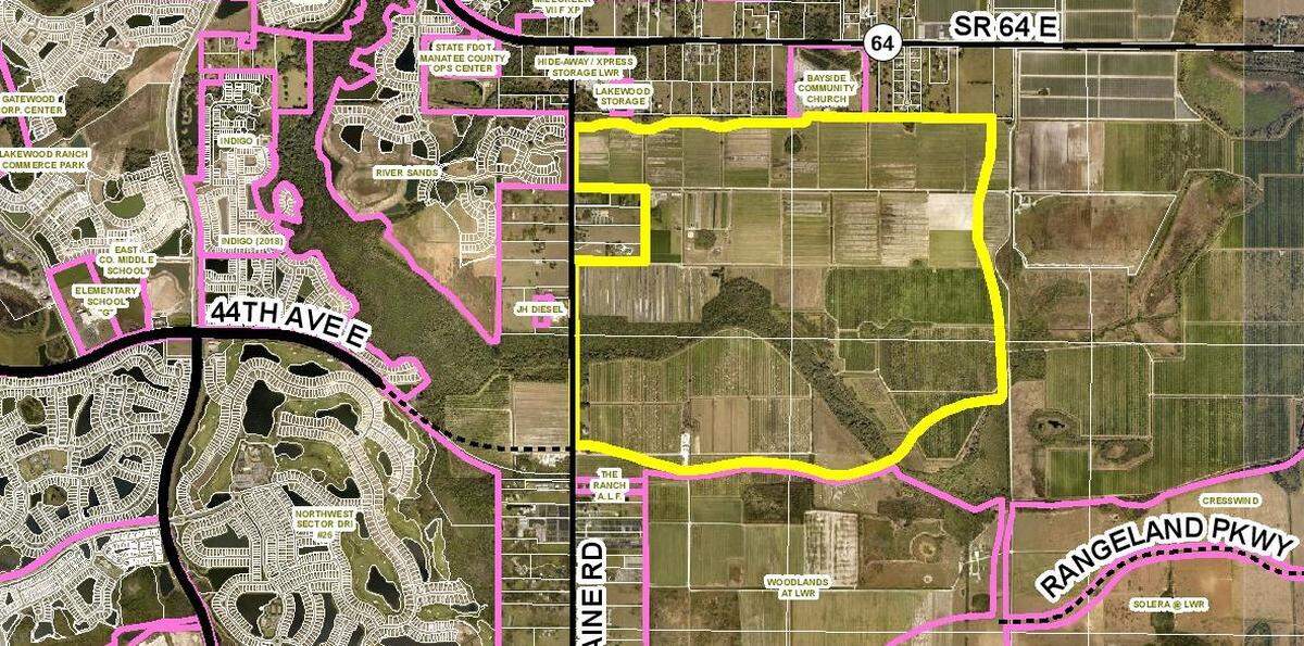 An aerial map depicts the 994 acres of land builder Taylor Morrison will use to construct 1,750 homes. The property is just half a mile south of State Road 64 East and adjacent to Lorraine Road in Lakewood Ranch